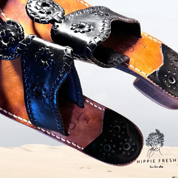 Jack Rogers Calypso Black Whipstitch Leather T-strap Sandals Size 8 - Picture 5 of 8